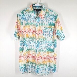 Just Attitude Men's Graffiti Print Short Sleeve Button Up‎ Shirt Size L Street